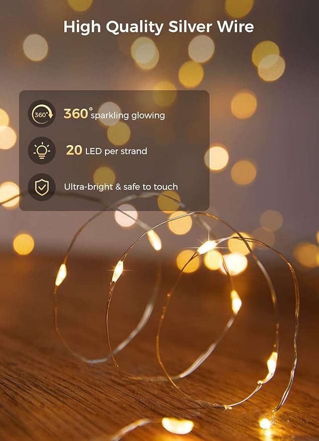 Brightown 12 Pack Led Fairy Lights Battery Operated String Lights Waterproof Silver Wire 7 Feet 20 Led Firefly Starry Moon Lights for DIY Wedding Party Bedroom
