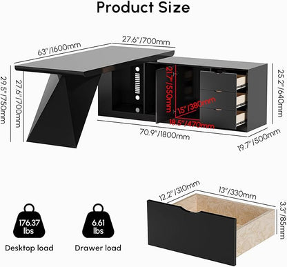 homary 70.9" Modern L-Shape Executive Desk, Home Office Desk with Drawers & Cabinet Modern Computer Desk for Home Business Furniture, Black, Left Hand