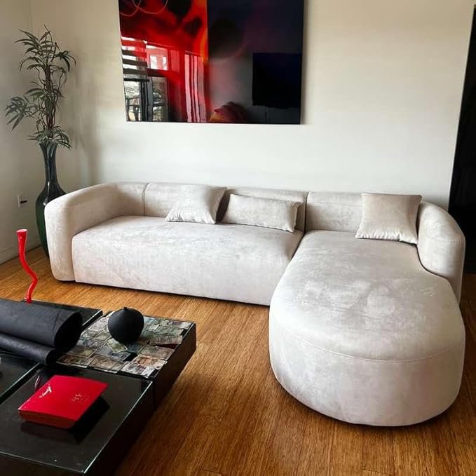 Acanva Luxury Modern Tight Curved Back Velvet Sofa, Minimalist Style Comfy Couch for Living Room Apartment, L-Shape Right Chaise, Cream