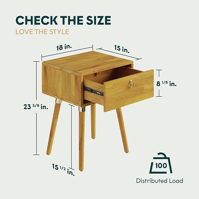 Bme Alden Wood Nightstand, Solid Wood End Table, Mid Century Modern Nightstand, Side Table with 1 Drawer, Compact for Bedroom, Living Room & Study Room, Easy Assembly, Golden Natural