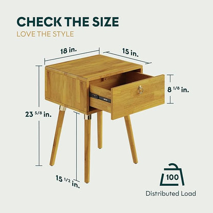 Bme Alden Wood Nightstand, Solid Wood End Table, Mid Century Modern Nightstand, Side Table with 1 Drawer, Compact for Bedroom, Living Room & Study Room, Easy Assembly, Golden Natural