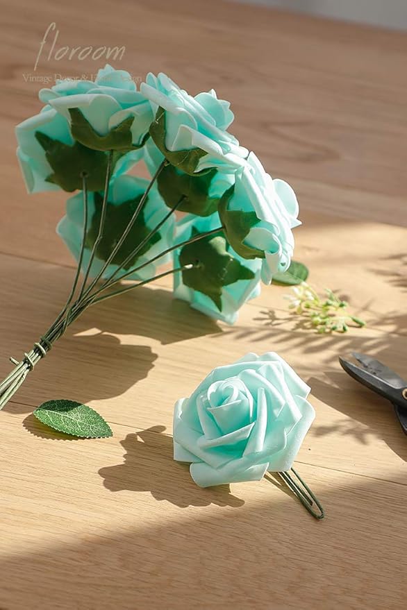 Floroom Artificial Flowers 25pcs Real Looking Robin's Egg Blue Foam Fake Roses with Stems for DIY Wedding Bouquets Baby Shower Centerpieces Floral Arrangements Party Tables Home Decorations