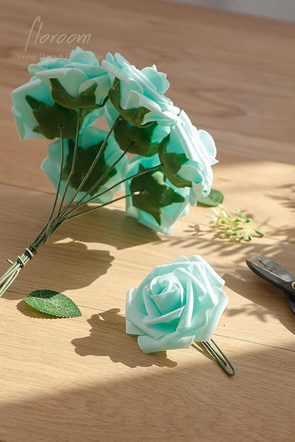 Floroom Artificial Flowers 25pcs Real Looking Robin's Egg Blue Foam Fake Roses with Stems for DIY Wedding Bouquets Baby Shower Centerpieces Floral Arrangements Party Tables Home Decorations