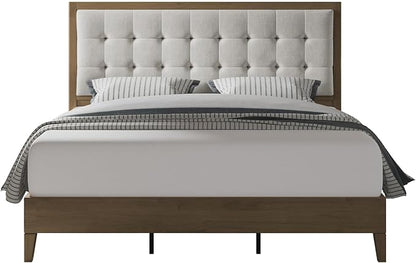 Jocisland Wood Full Size Bed Frame,Tall Upholstered Tufted Headboard, Solid Wood Platform, No Box Spring Needed, Ash Gray