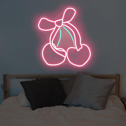 Pink Cherry Bow LED Neon Sign, Girly Heart Coquette Cherry Trendy Wall Art Neon Light Girl's Bedroom Home Dorm Salon Wall Decor for Kids Room,Restaurant,Bar,Fruit Shop,Home, Wedding Supplies