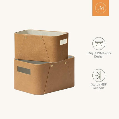 LA JOLIE MUSE Storage Baskets for Organizing, 2 Pack, Storage Cube Boxes Luxury Brown Vegan Leather for Closet Shelf Cabinet Bookcase Camel