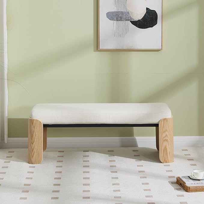 DUOMAY Modern Chenille Bedroom Bench, 49" Wide Long Entryway Bench with Solid Wood Legs Upholstered Dining Bench Ottoman for Living Room Indoor, White