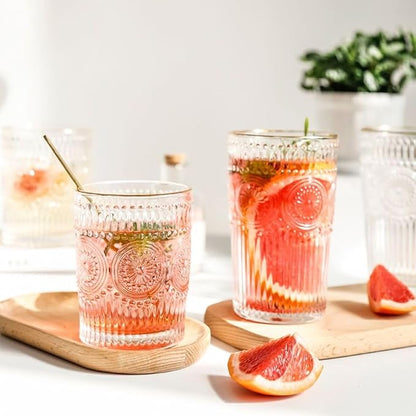 12pcs Vintage Drinking Glasses Set, 12 oz Highball Glasses & 9 oz Embossed Ribbed Glassware Cups for Cocktail, Water, Juice, Coffee, Whiskey (Clear)
