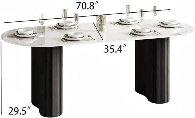 71" Modern Oval Dining Table for 6, Glossy White Sintered Stone Dining Tabletop with Black Dual-Pedestal, Easy Assembly Dining Room Table for Home Kitchen (Table Only)