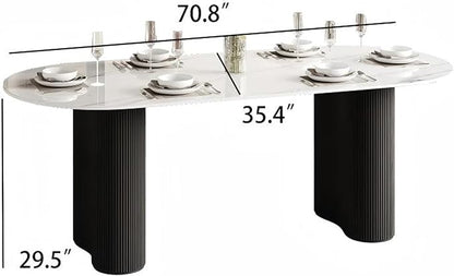 71" Modern Oval Dining Table for 6, Glossy White Sintered Stone Dining Tabletop with Black Dual-Pedestal, Easy Assembly Dining Room Table for Home Kitchen (Table Only)