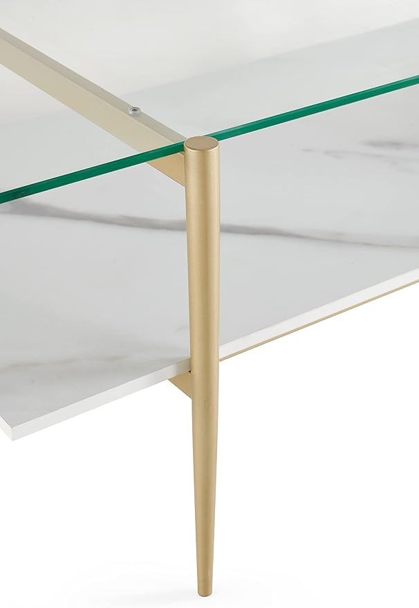 AGV LIGHTING Tadio Glass Coffee Table, Mid-Century Modern Coffee Table for Living Room, Gold Finish Leg, Clear Glass Top & Faux Marble Shelf, 41 in