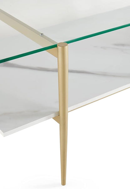 AGV LIGHTING Tadio Glass Coffee Table, Mid-Century Modern Coffee Table for Living Room, Gold Finish Leg, Clear Glass Top & Faux Marble Shelf, 41 in