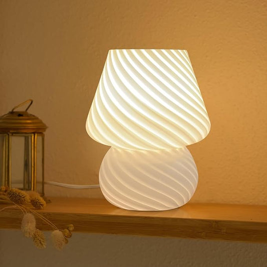 ONEWISH Mushroom Lamp-Small Table Lamp with Striped Glass, Nightstand Lamp for Bedroom, Living Room, 3000K E26 Bulb Included(White)