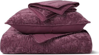 EVERGRACE Luxury Velvet Quilt King Size, Ultra Soft Wave Crushed Velvet Bedding Set, Lightweight Quilted Comforter Set for All Season, Oversized Bedspread Coverlet with 2 Shams, Mauve Purple