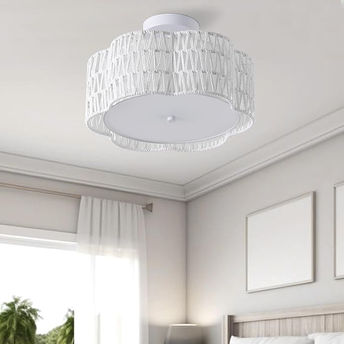 13.4" Boho Light Fixtures Flush Mount, 3-Light Rattan Ceiling Light Fixtures Flush Mount Gold for Bedroom, Flower-Shaped Close to Ceiling Light Fixture for Hallway Kitchen Dining Room(White)