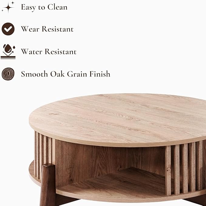 LuxenHome Round Coffee Table with Storage, 31.5" Oak Finish Wood Accent Tables with Wood Legs, Boho Center Table for Living Room, Wooden Circle Coffee Table with Open Storage for Home Office