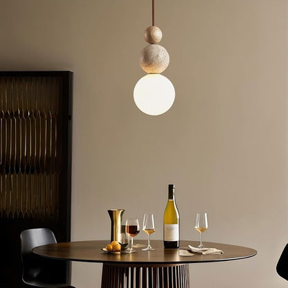 Stylish Modern Pendant Light with Stone and Wood, Unique Two-Ball Design Ceiling Lamp, Perfect for Dining Room, Kitchen Island, Living Room, Bedroom Decor, Elegant Home Lighting(Yellow)