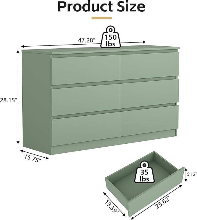 6 Drawer Dresser for Bedroom,Wide Wood Dresser,Farmhouse Large Bedroom Dressers with Drawers,Chest of Drawers for Living Room,Hallway,Closet(Green)