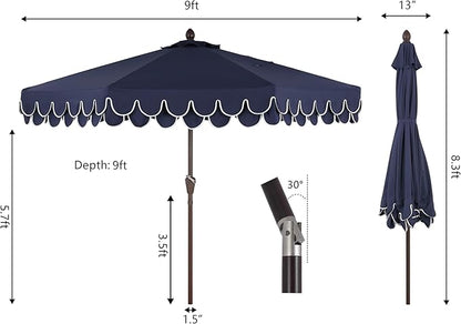 JONATHAN Y UMB1002B Tracy 9 ft. Classic MidCentury Scalloped Fringe Market Patio Umbrella with Auto-Tilt, Crank, Wind Vent and UV Protection in Navy/White