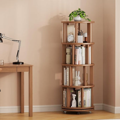 Solid Wood Rotating Bookshelf on Wheels, 4 Tier, Round Revolving Bookcase, 360° Spinning Book Shelf Tower for Kids, Narrow Rolling Bookshelves for Small Space, Corner, Bedroom, Office, Walnut