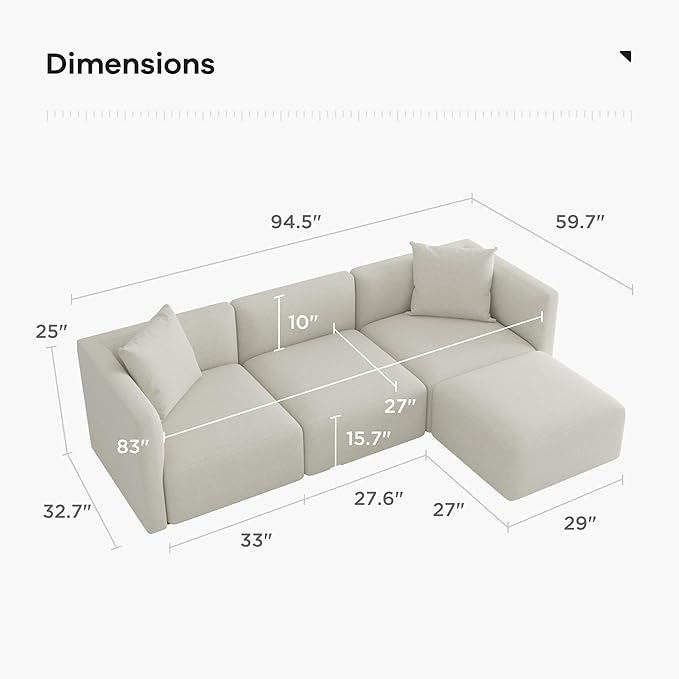 Acanva Luxury L-Shaped Upholstery Convertible Modular Sectional Sofa, Contemporary Reversible Couch with Chaise Lounge for Living Room, Apartment, Linen-Like Cream