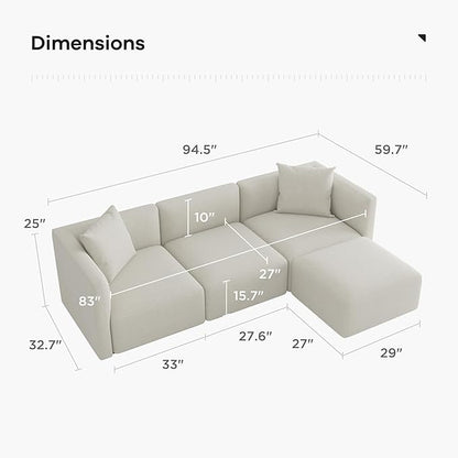 Acanva Luxury L-Shaped Upholstery Convertible Modular Sectional Sofa, Contemporary Reversible Couch with Chaise Lounge for Living Room, Apartment, Linen-Like Cream