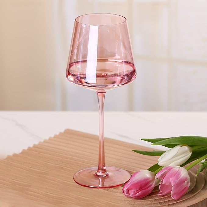 Physkoa Pink Wine Glasses Set 6-16oz Modern Pink Wine Glasses With Tall Long Stem and Flat Bottom,Pink Glassware for Wedding,Bridal Shower,Bachelorette Party