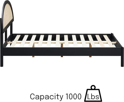 NTC Gem Wooden Bed Frame with Headboard and Natural Rattan, Solid Oak Foundation with Silent Slats, 1000 Lb Capacity, Effortless Assembly, Queen - Burnt Black
