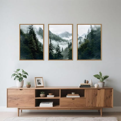 HOURIA Boho Forest Mountain Framed Canvas Wall Art Set,Nature Foggy Woodland Ridge Wall Decor,Misty Pine Tree Artwork,Sage Green Botanical Art Prints for Living Room, Bedroom, Farmhouse-24 x36 x3