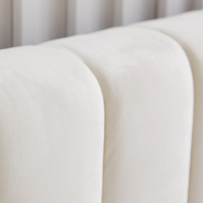 Livinia Twin Size Elton Velvet Platform Bed, Upholstered Bed Frame with Vertical Channel Tufted Headboard Footboard, Strong Wood Slats, No Box Spring Needed, Ivory (Twin)