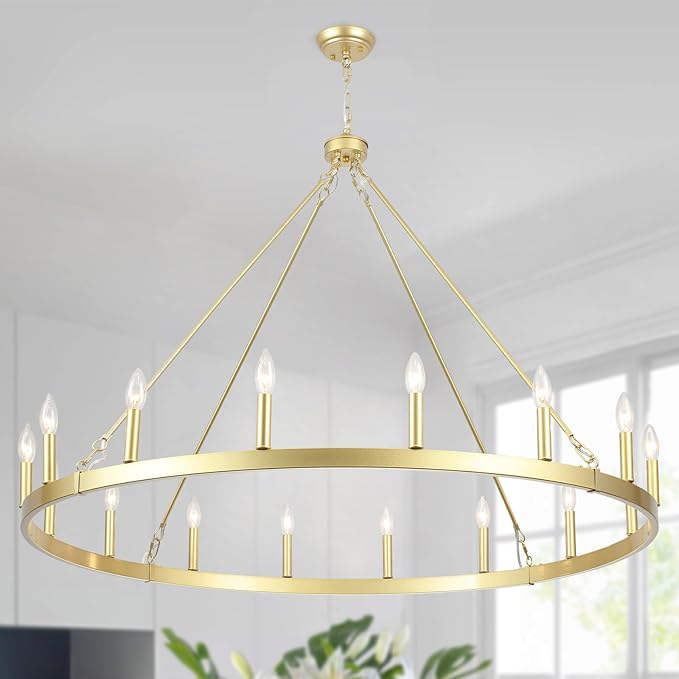 16-Light Gold Wagon Wheel Chandelier 47in Large Chandeliers for High Ceilings Round Farmhouse Light Fixtures Over Table Rustic Light Fixture for dining room,Foyer,Living Room,High Ceiling,Entryway,E12