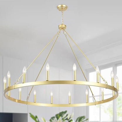 16-Light Gold Wagon Wheel Chandelier 47in Large Chandeliers for High Ceilings Round Farmhouse Light Fixtures Over Table Rustic Light Fixture for dining room,Foyer,Living Room,High Ceiling,Entryway,E12
