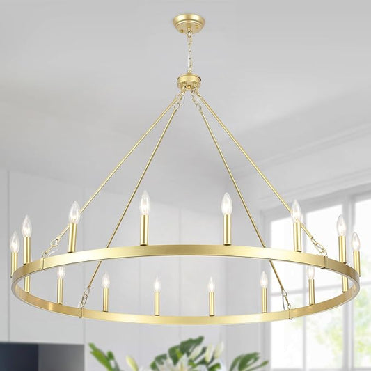 16-Light Gold Wagon Wheel Chandelier 47in Large Chandeliers for High Ceilings Round Farmhouse Light Fixtures Over Table Rustic Light Fixture for dining room,Foyer,Living Room,High Ceiling,Entryway,E12