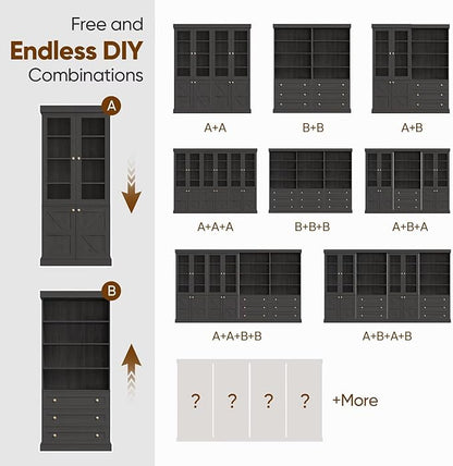 Vyre 71" Tall Farmhouse Bookshelves with Glass Doors, Set of 3 – Large Modular Bookcase with Adjustable Shelves, Storage Cabinet for Living Room, Kitchen, Home Office, Black