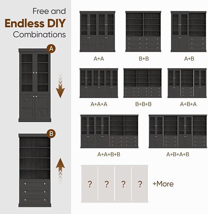 Vyre 71" Tall Farmhouse Bookshelves with Glass Doors, Large Modular Bookcase with Adjustable Shelves, Storage Cabinet for Living Room, Kitchen, Home Office, Black