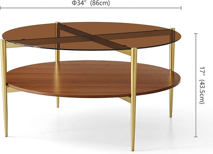Extra Large Round Coffee Table, Mid-Century Modern Design, D34 x H17 in, for Living Room, 2-Tier Structure, Amber Glass Top and Walnut MDF Shelf, Sleek Conical Metal Legs with Gold Finish