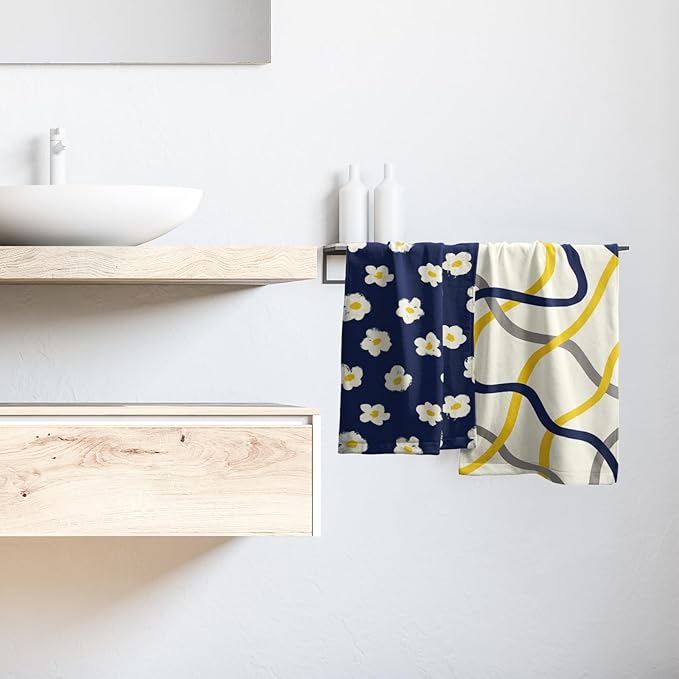Modern Kitchen Towels Set of 2 Navy Yellow Grey Geometric Stripe Microfiber