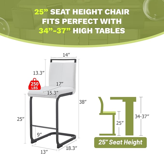 Bar Stools Set of 4,25" Counter Height Bar Stools with Footrest,White Faux Leather Kitchen Stools with Black Painted Metal Leg,White Bar Stools Ideal for Island Pub Kitchen Counter Dining Chair