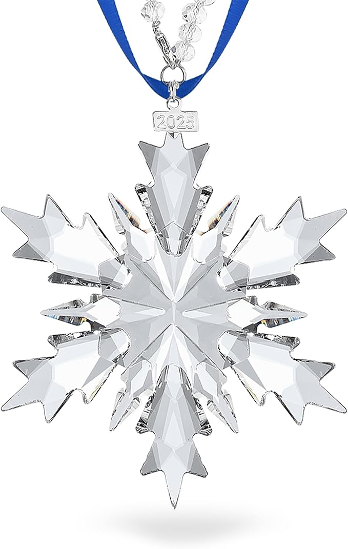 2025 Annual Christmas Ornaments Crystal Snowflake Star Clear White Faceted Crystal with Tone Metal Accents and Rayon Ribbon-New Year Christmas Tree Ornaments Crystals Sun Catcher Home Hanging Decor