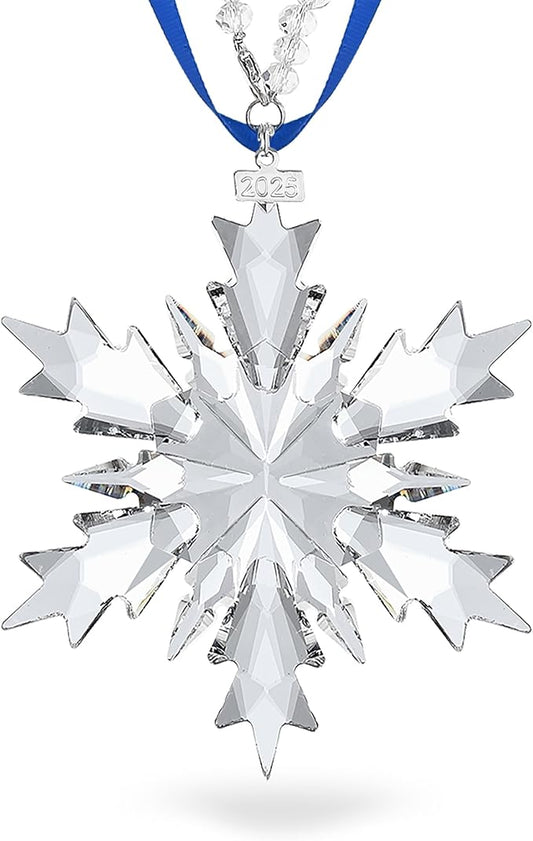 2025 Annual Christmas Ornaments Crystal Snowflake Star Clear White Faceted Crystal with Tone Metal Accents and Rayon Ribbon-New Year Christmas Tree Ornaments Crystals Sun Catcher Home Hanging Decor