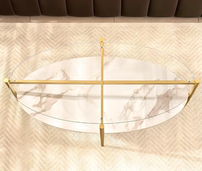 AGV LIGHTING Oval Coffee Table, Mid-Century Modern Coffee Table, Glass Coffee Table, Glod Finish Legs, Thick Tempered Glass Top with White Marble MDF Shelf