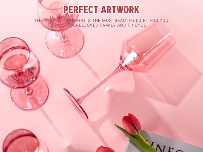Physkoa Pink Wine Glasses Set of 6-15oz Hand Blown Crystal Colored Wine Glasses with Long Stem, Wedding, Birthday, Christmas Valentines Day Glassware Gifts for Lovers