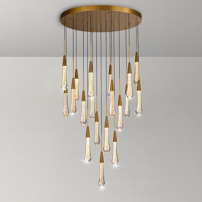 Large Raindrop Chandelier for Foyer, Entryway, 19-Light Gold Chandeliers for High Ceilings, Staircase, Luxury Long Big Hanging Light Fixtures with Glass, Brass Pendant Light Fixtures Living Room