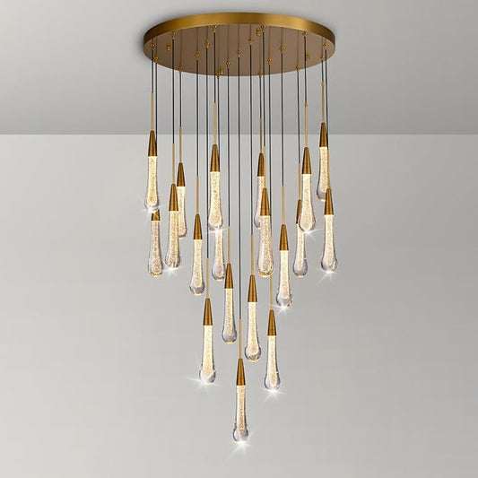 Large Raindrop Chandelier for Foyer, Entryway, 19-Light Gold Chandeliers for High Ceilings, Staircase, Luxury Long Big Hanging Light Fixtures with Glass, Brass Pendant Light Fixtures Living Room