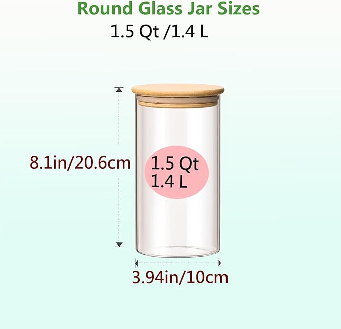 1.5 Qt Round Glass Storage Containers with Lids, Clear Food Storage Container Jar with Sealing Bamboo Lid for Noodles Flour Cereal Rice Sugar Tea Coffee Beans, Round Set of 3
