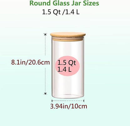 1.5 Qt Round Glass Storage Containers with Lids, Clear Food Storage Container Jar with Sealing Bamboo Lid for Noodles Flour Cereal Rice Sugar Tea Coffee Beans, Round Set of 3