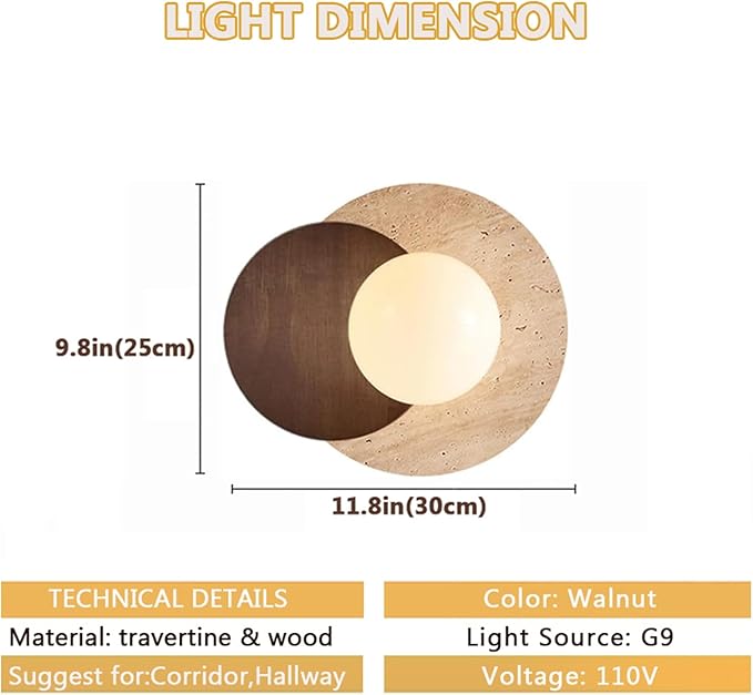 Marble Wall Lamp, Bathroom Vanity Light Fixtures, Wall Mount Lamp, Over Mirror, Stone Wall Sconces, Vintage Wall Light with Wood and Stone Shade, for Porch Workshop Kitchen Living Room