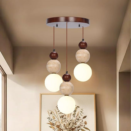Wabi Sabi Pendant Light,3-Light Travertine Stone Fixture-Japandi Japanese Style Lamp,Nordic Wood Chandelier,Spherical Scandinavian Pendant Light Suits Kitchen Islands,Dining & Living Rooms(Walnut)