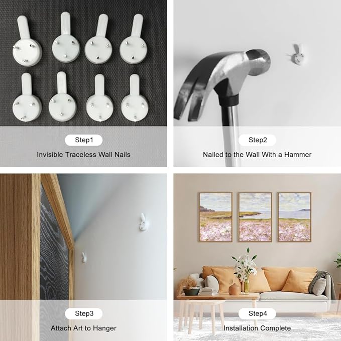 HOURIA Pink Wildflower Coastal Landscape Framed Canvas Wall Art Set,Green Meadow Field Wall Decor,Watercolor Beach Wall Painting,Modern Seaside Wall Decor for Living Room, Bedroom, Farmhouse-16"x24"x3