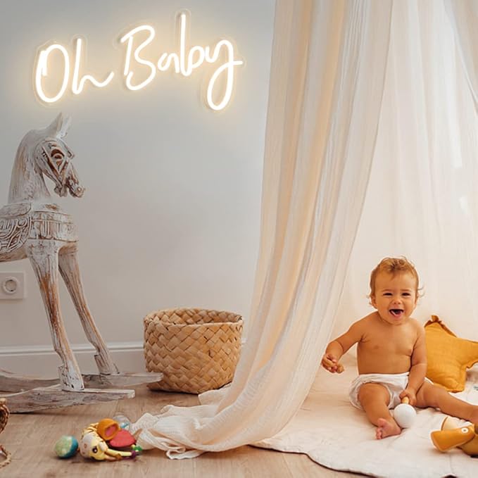 DIVATLA Oh Baby Sign for Backdrop - Oh Baby Neon Sign Shower Decorations, Gender Reveal, Led Sign for Backdrop & Wall Decor, Photo Prop, Gif for New Parents, Warm White